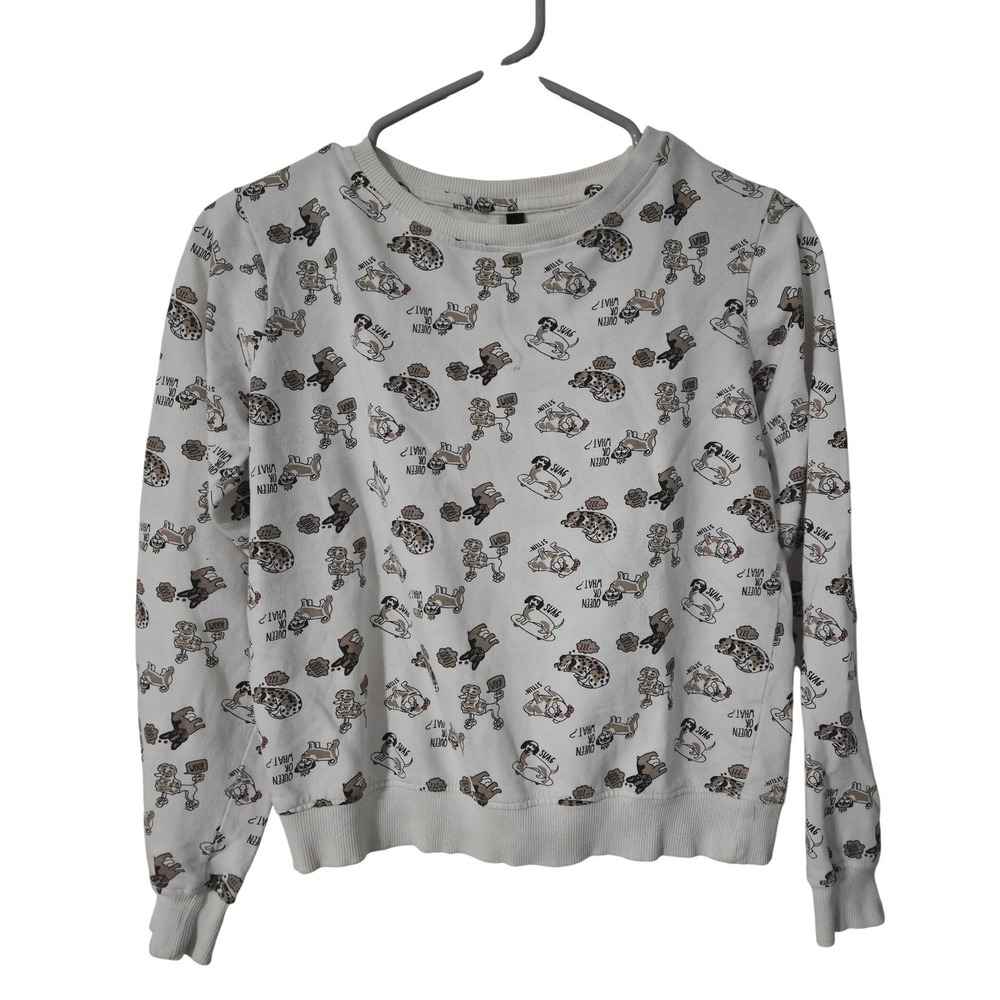 Tio Womens White Graphic Print Dogs Long Sleeve Crewneck Sweatshirt, XS